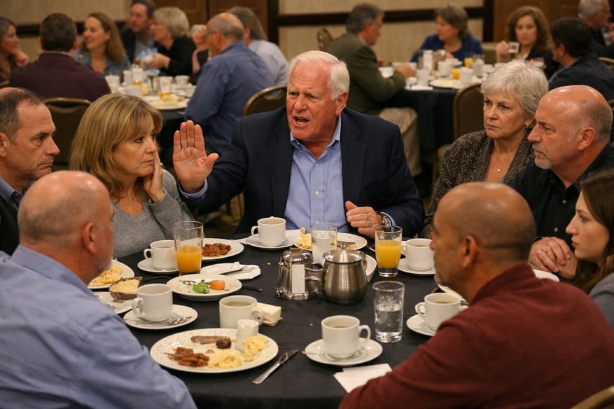 Round table seats ten people One older man clearly holding court speaking with ferver and a forrowed brow One hand up in a womans face off to the side-4
